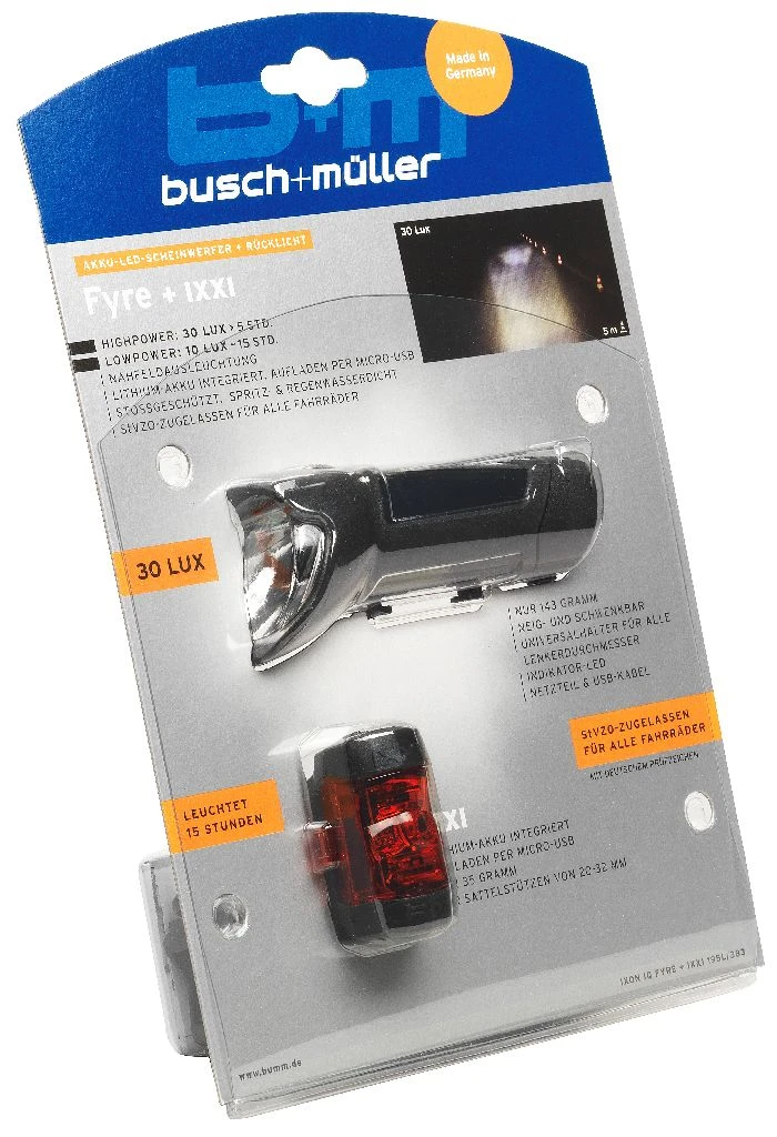 BUSCH & MÜLLER LICHTSET VORNE + HINTEN IXON FYRE + IXXI 30 LUX SCHWARZ 1 BUSCH & MÜLLER LICHTSET VORNE + HINTEN IXON FYRE + IXXI 30 LUX SCHWARZ